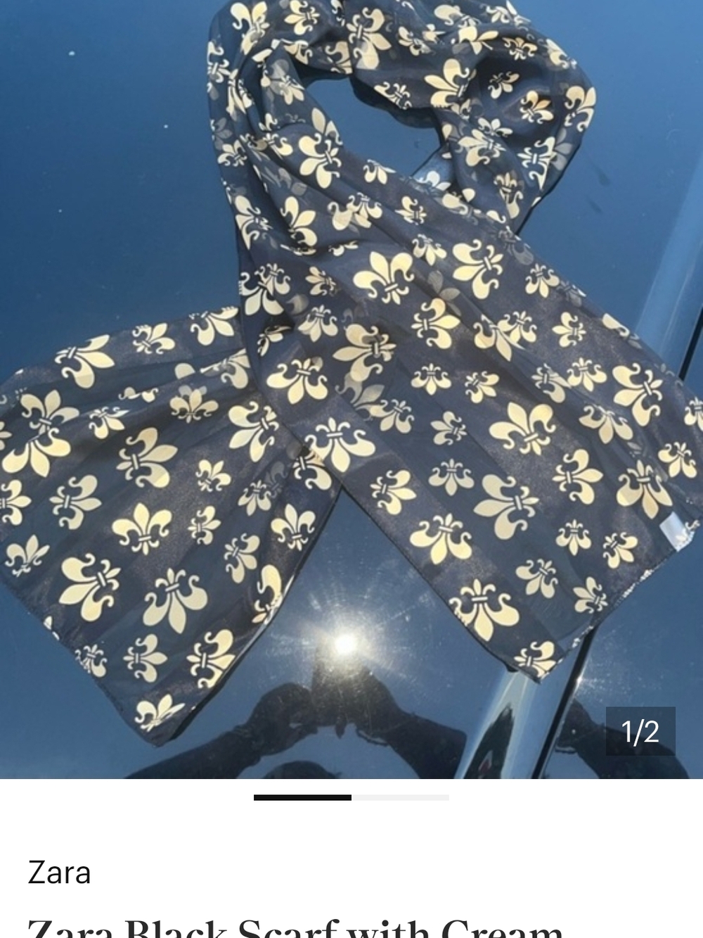 Zara Black Scarf with Cream Fleur-de-Lis Print